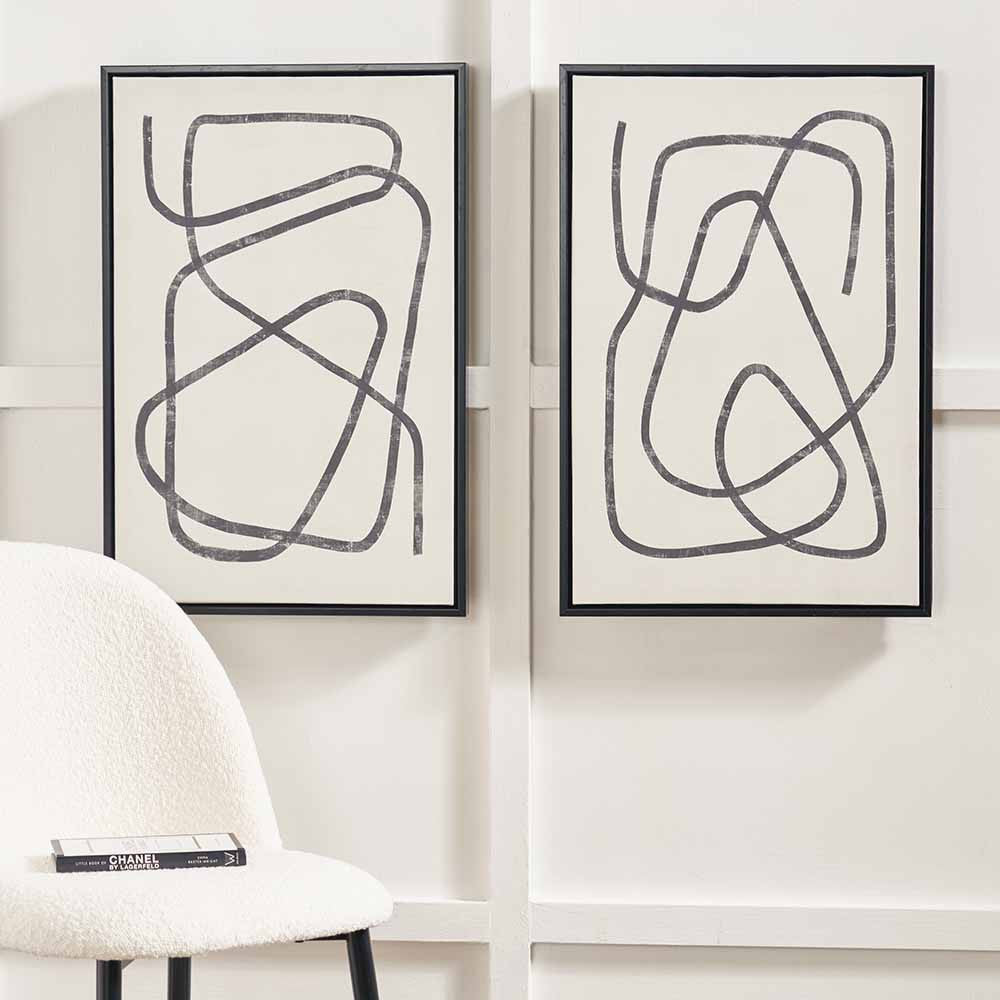 Set of 2 Black Squiggle Canvas Wall Art with Black Wood Frames