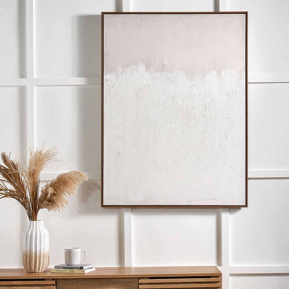 Natural & White Abstract Canvas Wall Art with Natural Frame Large