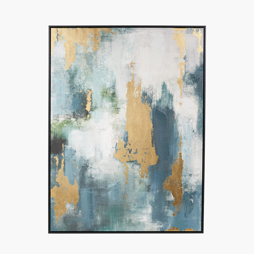 Gold & Blue Tone Abstract Canvas Wall Art with Black Frame