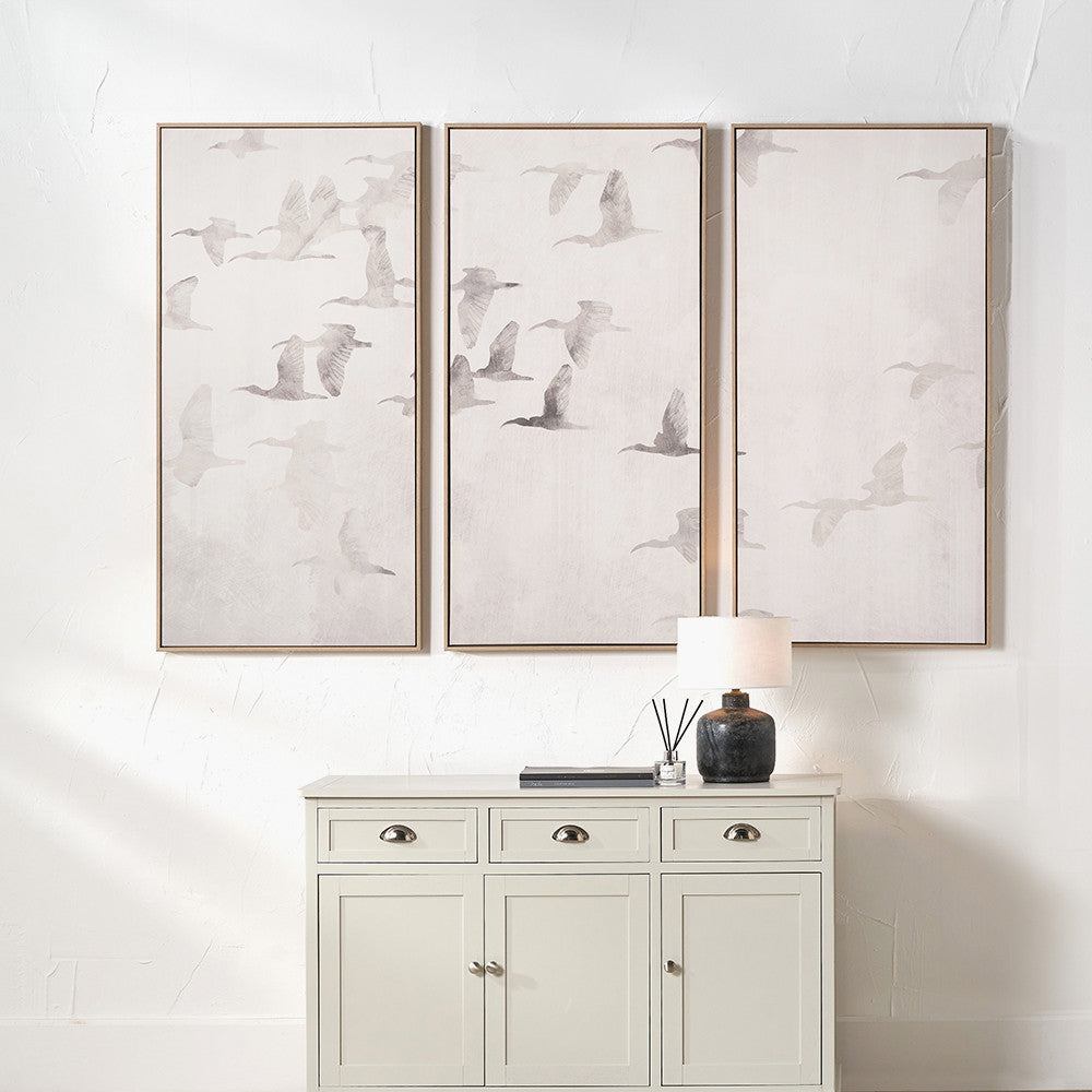 Set of 3 Natural & White Birds Canvas Wall Art with Natural Wood Frames