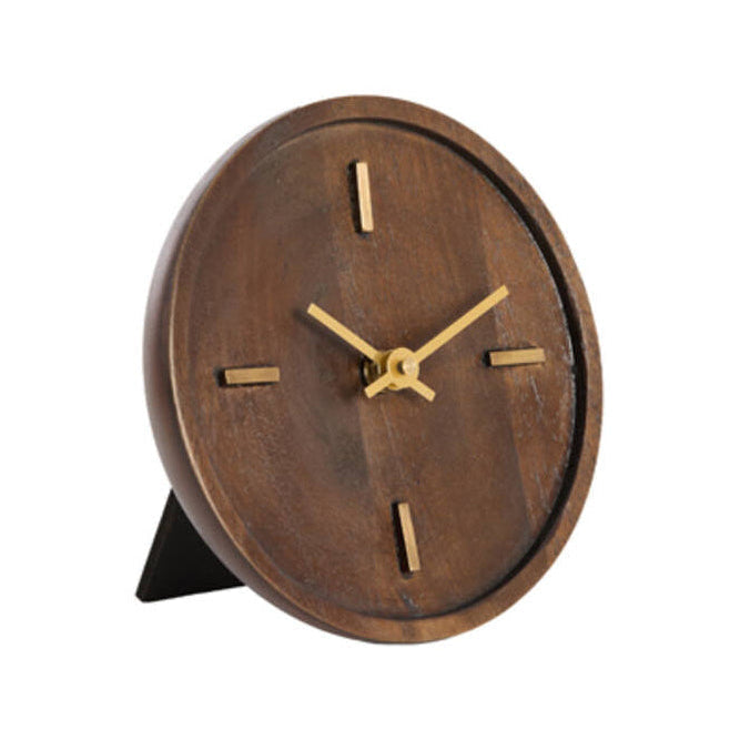 Veti Brown Mango Wood & Gold Table Clock 15cm