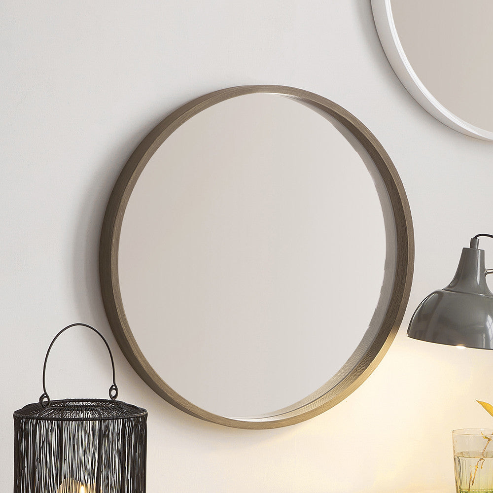 Natural Wood Slim Frame Round Wall Mirror