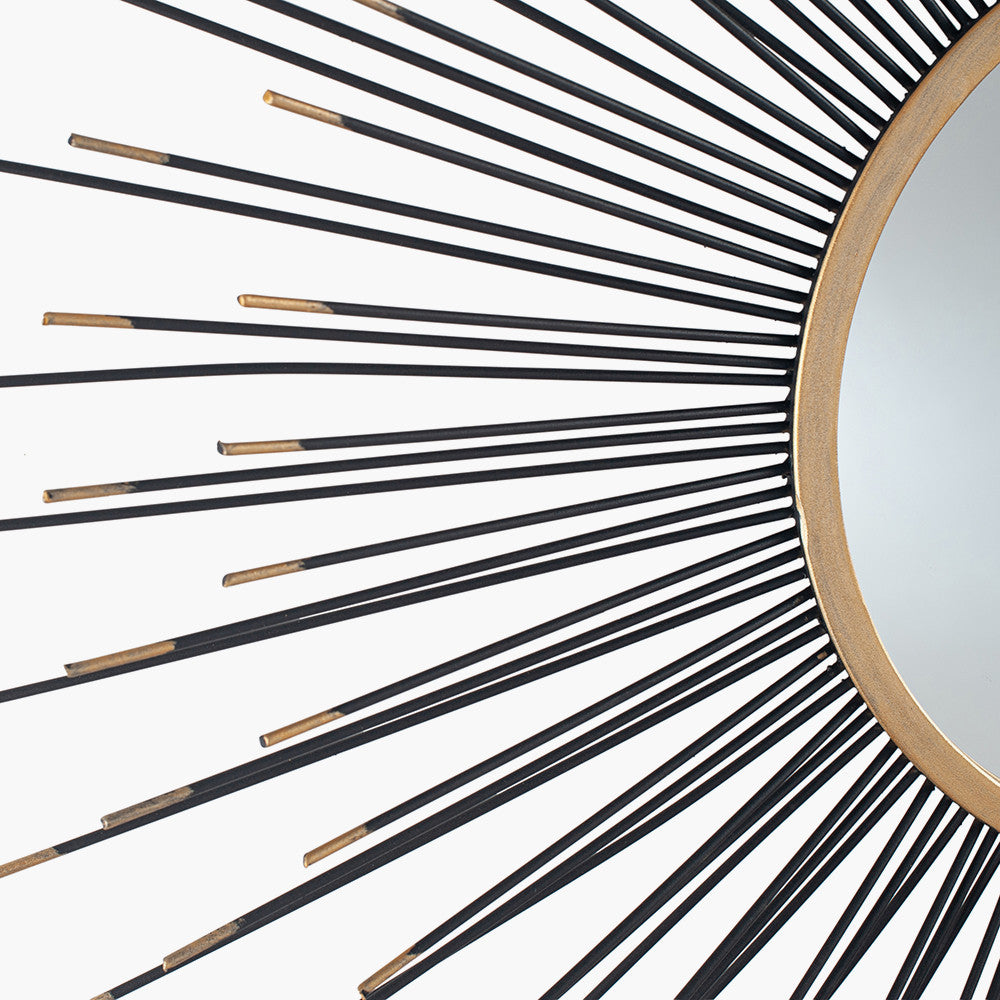 Black & Gold Metal Starburst Design Round Wall Mirror