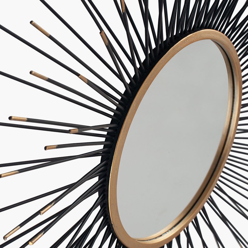 Black & Gold Metal Starburst Design Round Wall Mirror