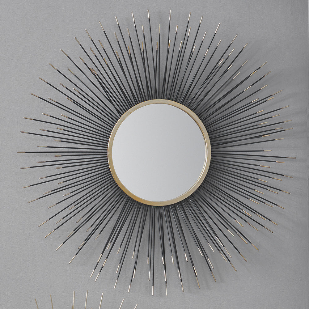 Black & Gold Metal Starburst Design Round Wall Mirror