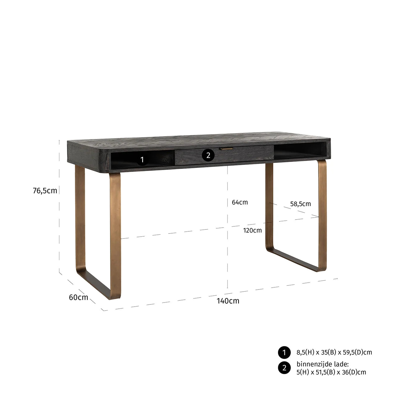 Richmond Interiors Blackbone Brass Black Rustic Oak Wood Desk