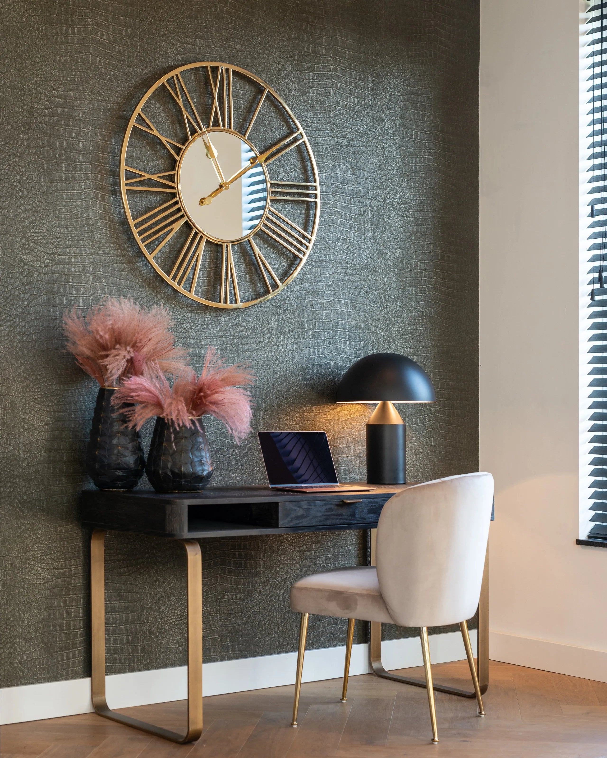 Richmond Interiors Blackbone Brass Black Rustic Oak Wood Desk