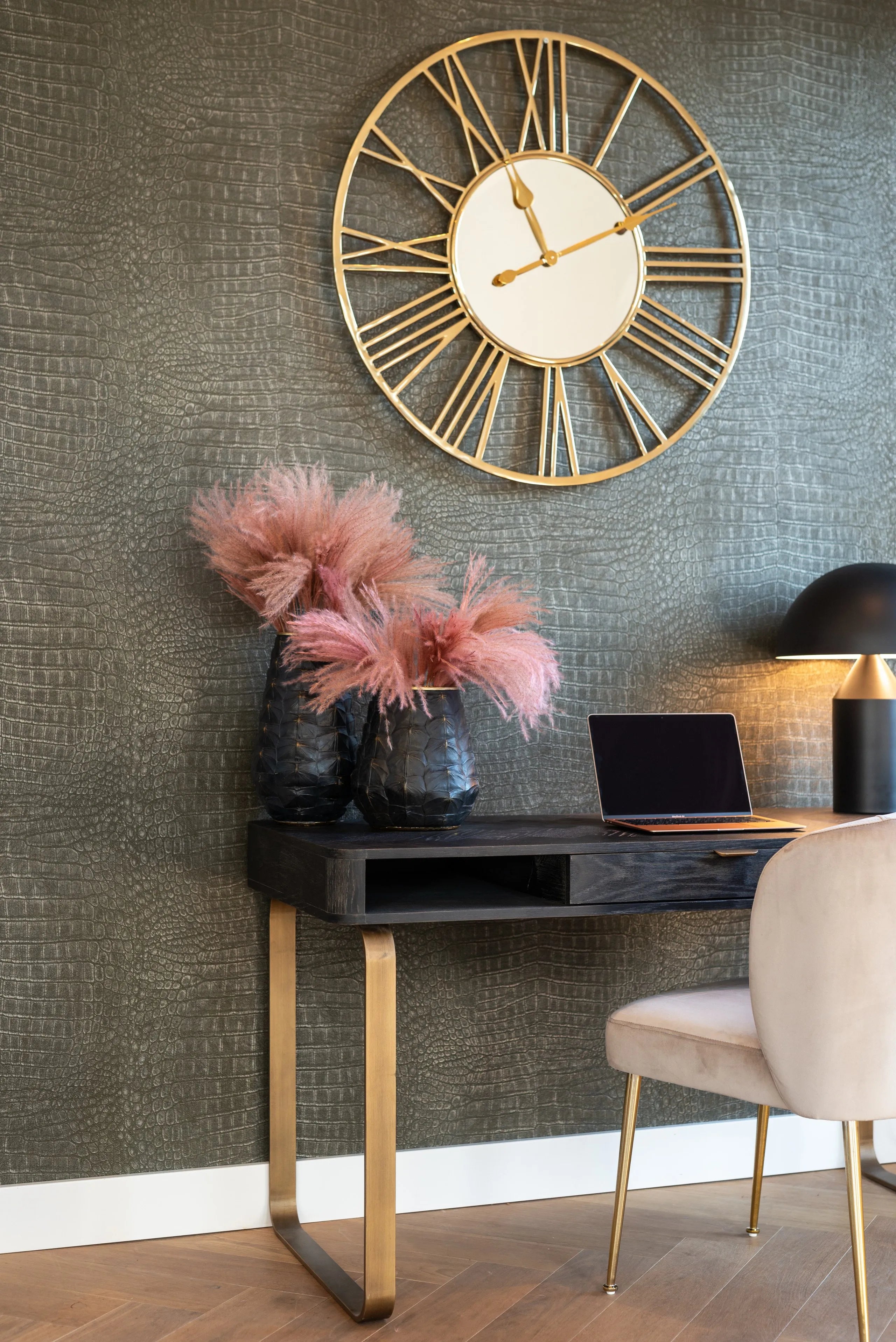 Richmond Interiors Blackbone Brass Black Rustic Oak Wood Desk