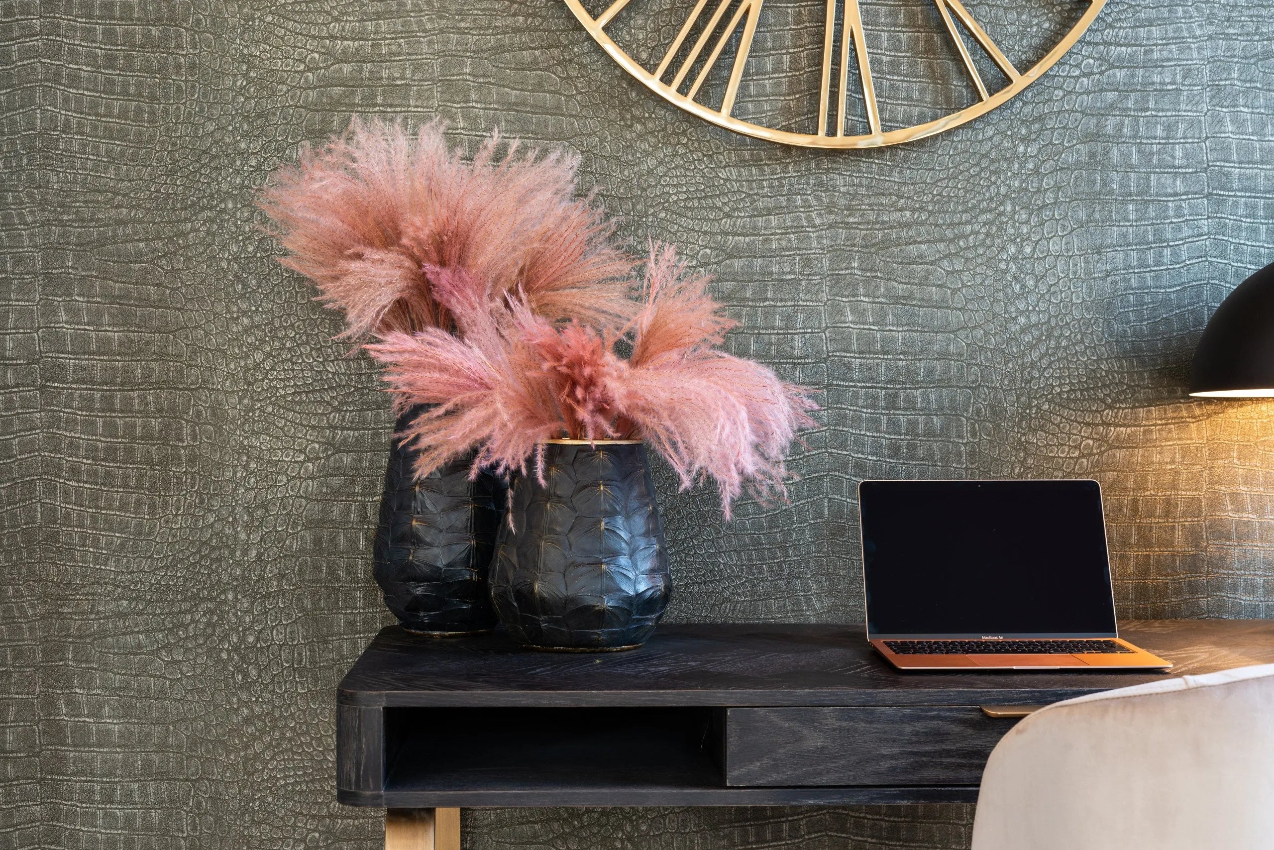 Richmond Interiors Blackbone Brass Black Rustic Oak Wood Desk