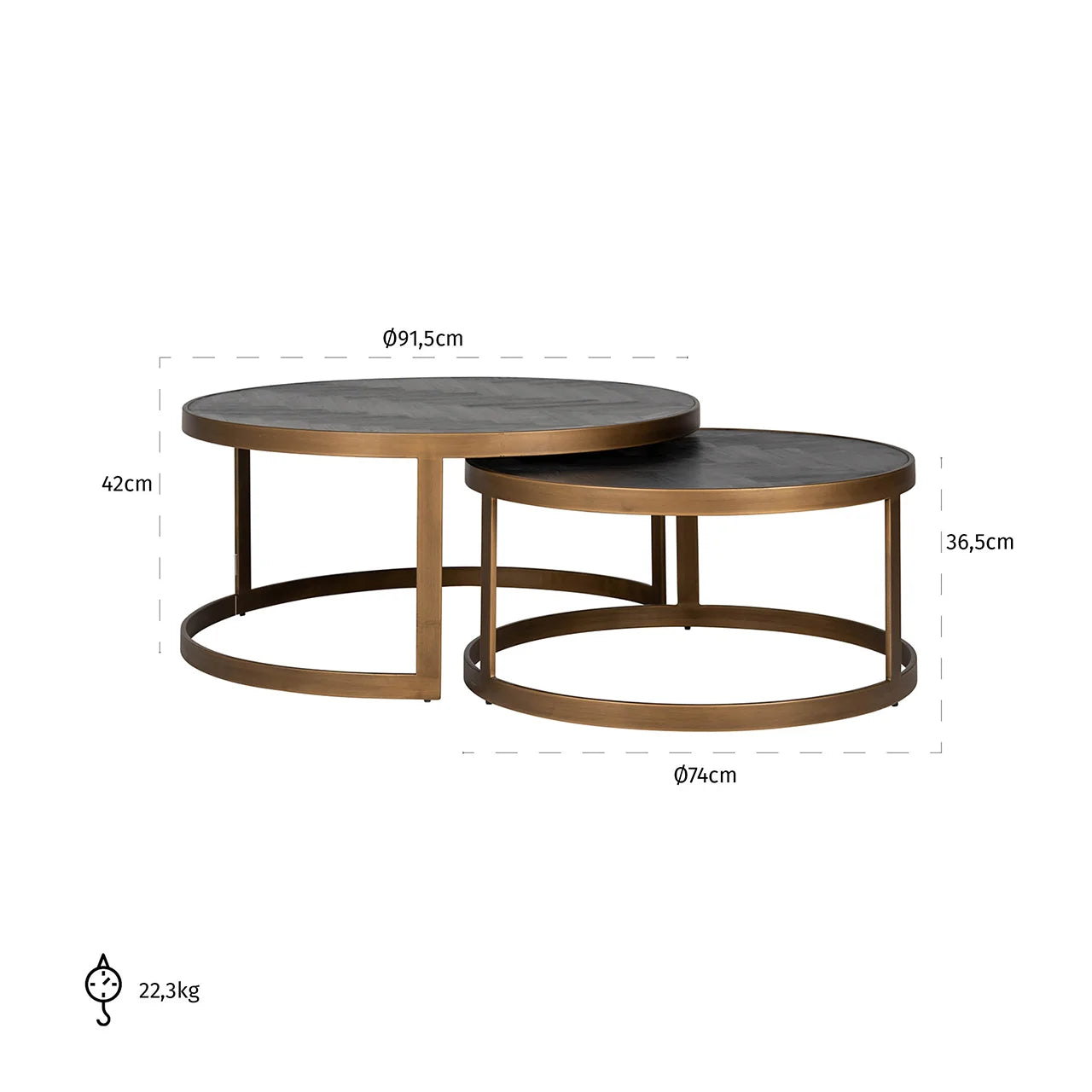 Set of 2 Richmond Interiors Blackbone Gold Black Rustic Oak Wood Coffee Table Nest
