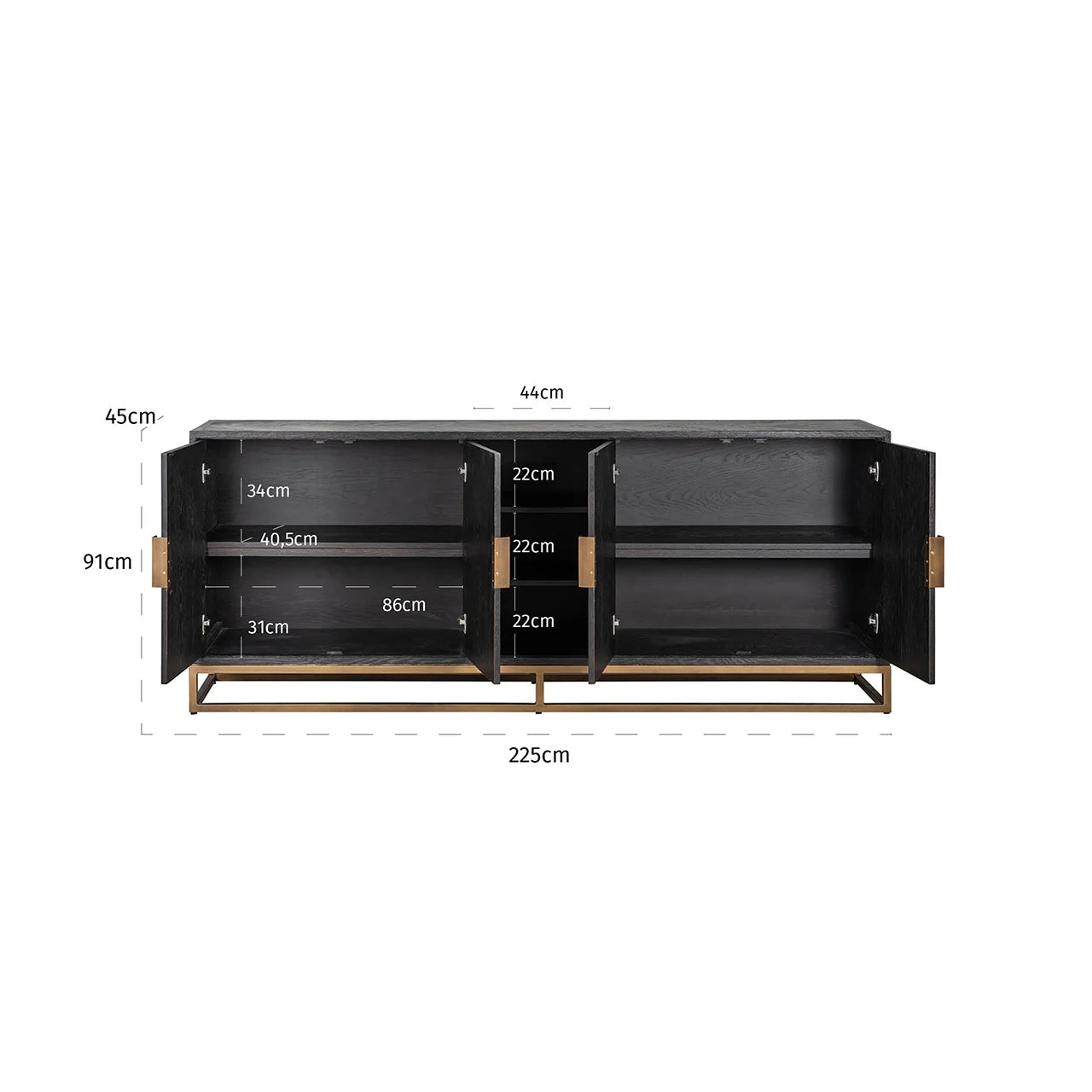 Richmond Interiors Blackbone Brass Black Rustic Oak Wood Sideboard | 4 Doors