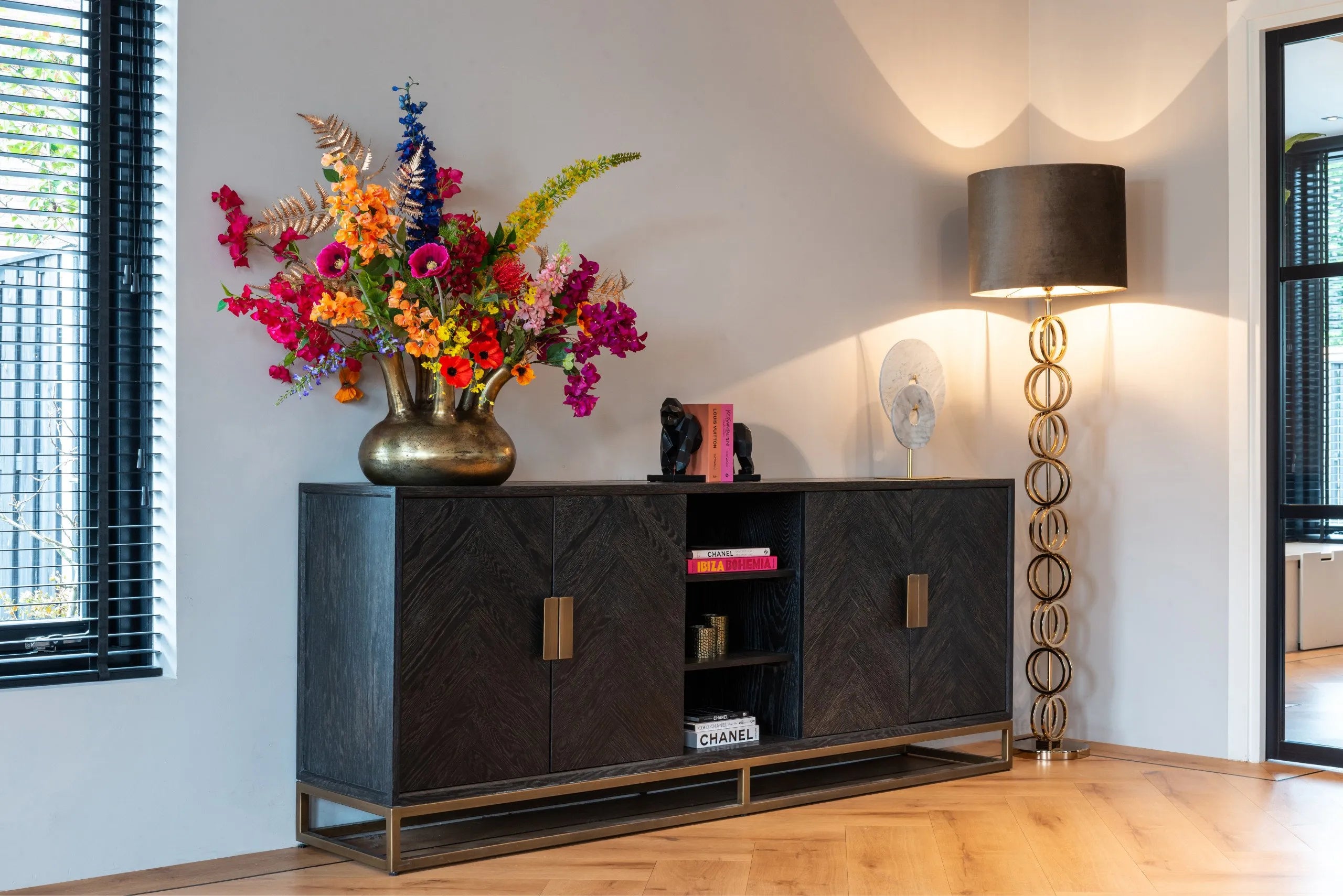 Richmond Interiors Blackbone Brass Black Rustic Oak Wood Sideboard | 4 Doors