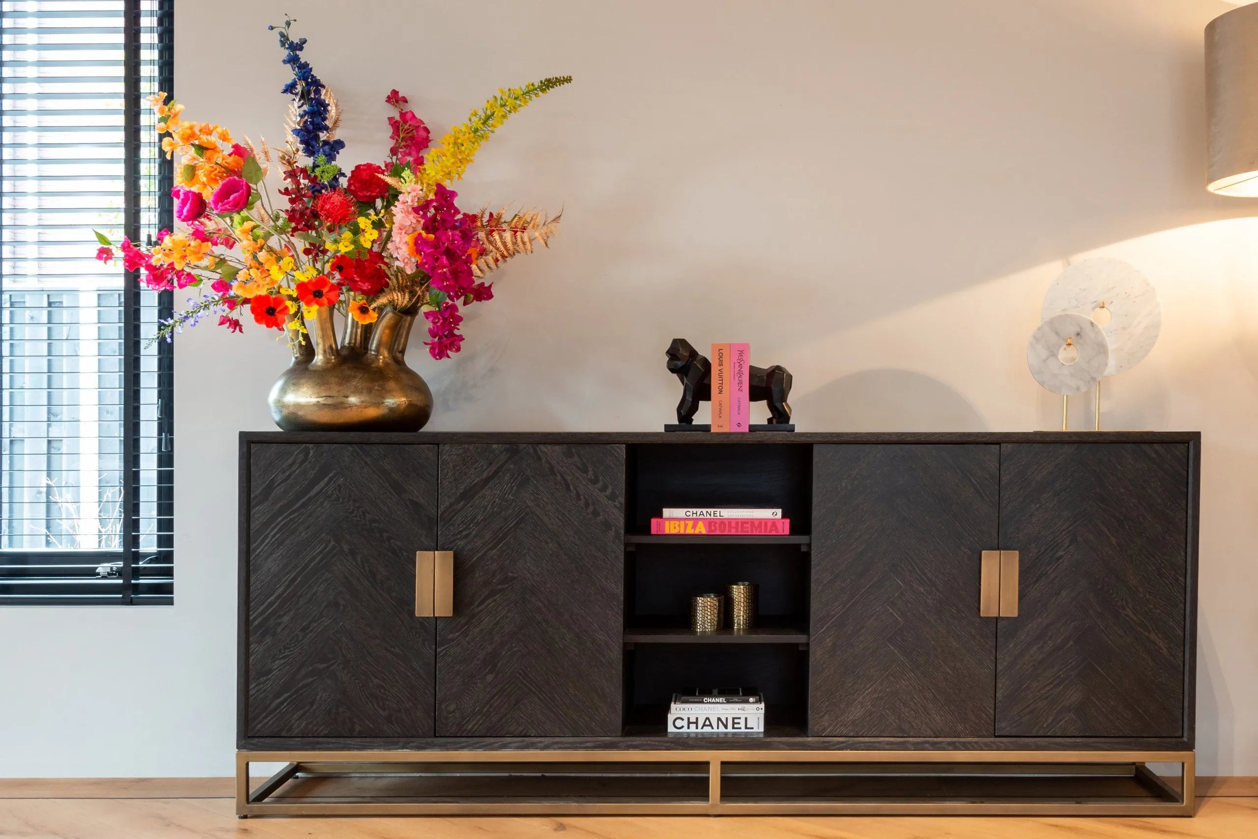 Richmond Interiors Blackbone Brass Black Rustic Oak Wood Sideboard | 4 Doors