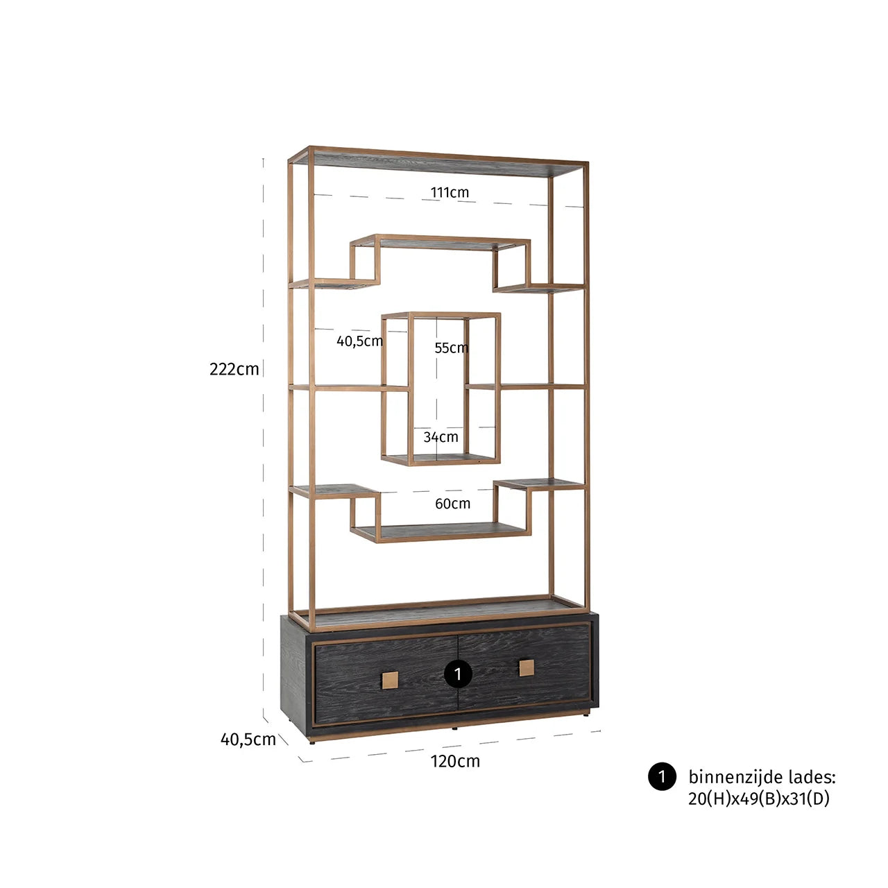 Richmond Interiors Hunter Black Rustic Oak Wood & Bronze Display Unit