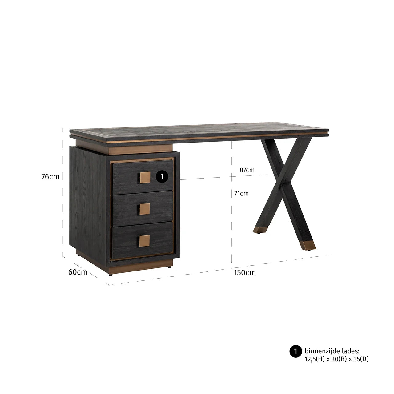 Richmond Interiors Hunter Black Rustic Oak Wood & Bronze Desk
