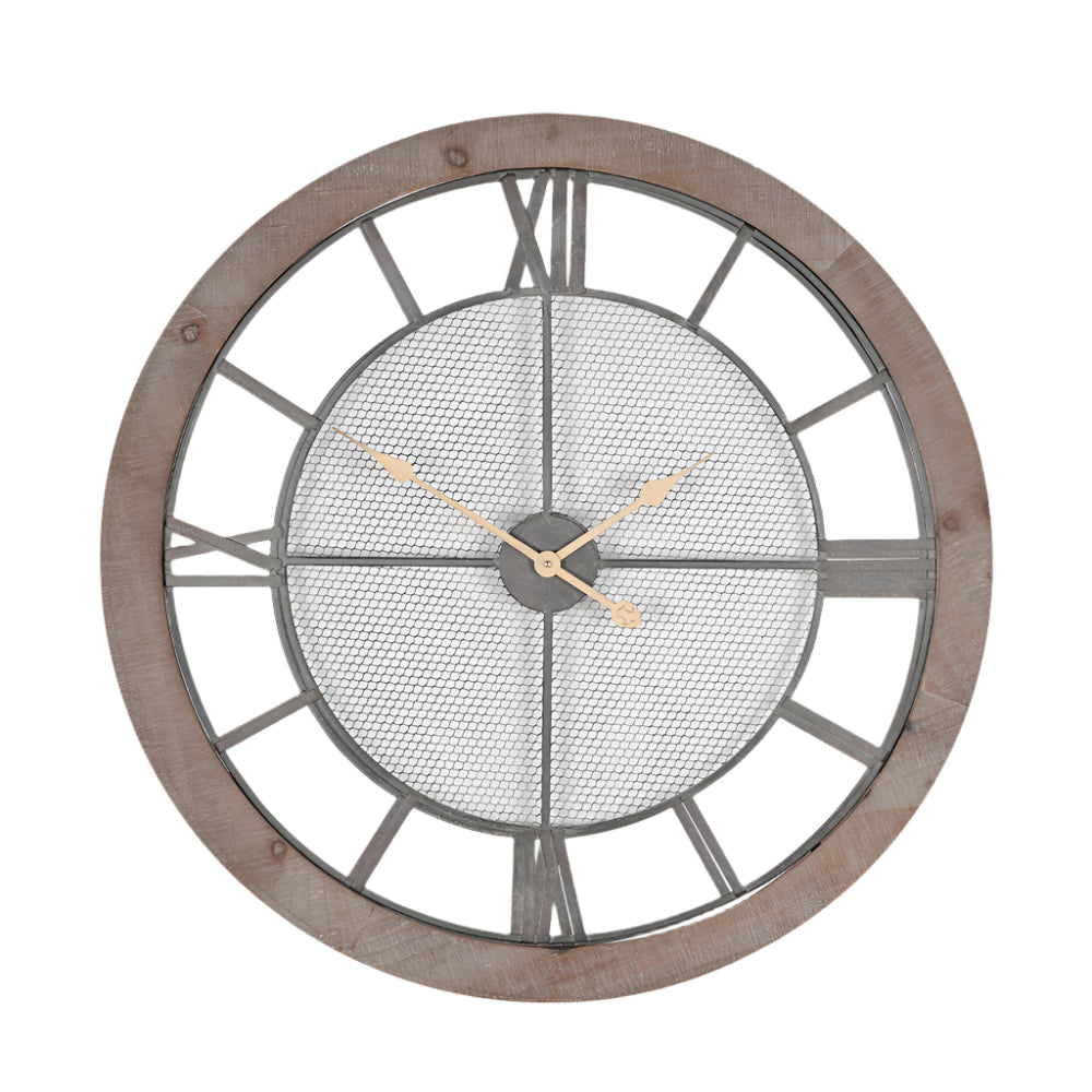 Natural Wood & Black Metal Mesh Round Wall Clock