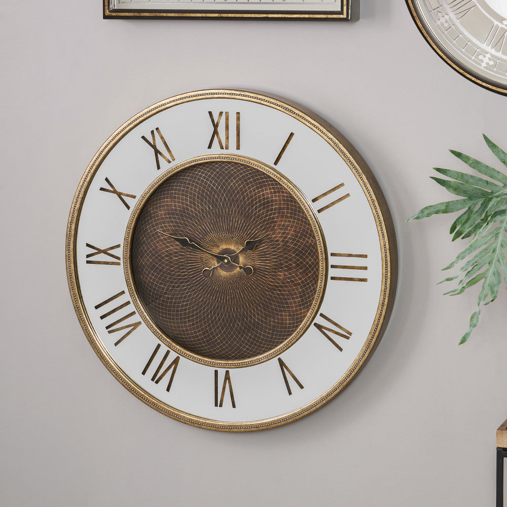 Antique Gold Wood & Geo Print Mirror Wall Clock
