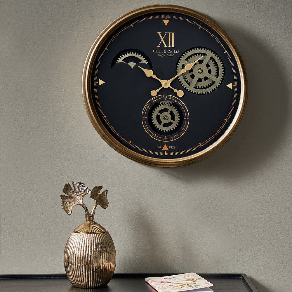 Black & Champagne Metal Working Cog Wall Clock