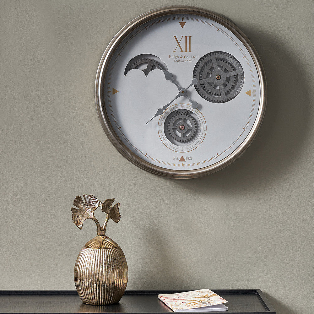 White & Silver Metal Working Cog Wall Clock