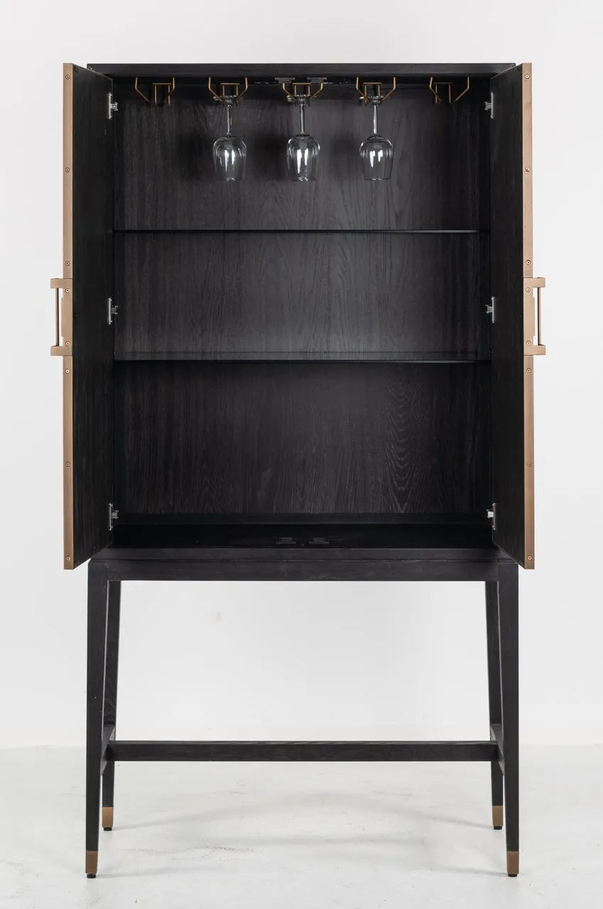 Richmond Interiors Bloomville Grey Shagreen & Black Oak Wood Gold Accents Bar Cabinet | 2 Doors