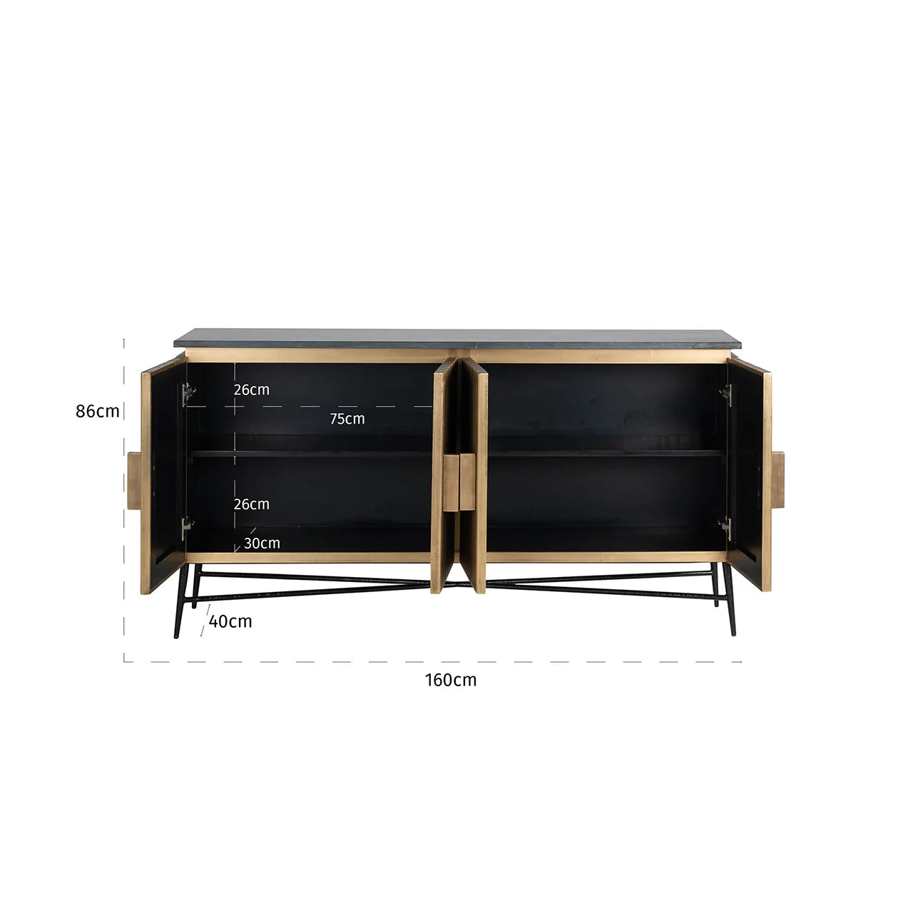 Richmond Interiors Ironville Black Marble & Gold Ribbed Sideboard