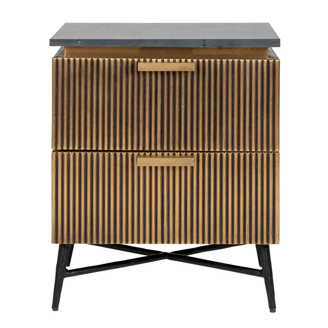 Richmond Interiors Ironville Black Marble & Gold Ribbed Bedside Table