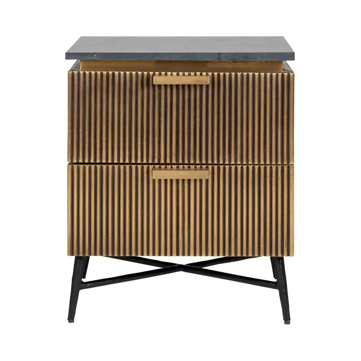 Richmond Interiors Ironville Black Marble & Gold Ribbed Bedside Table