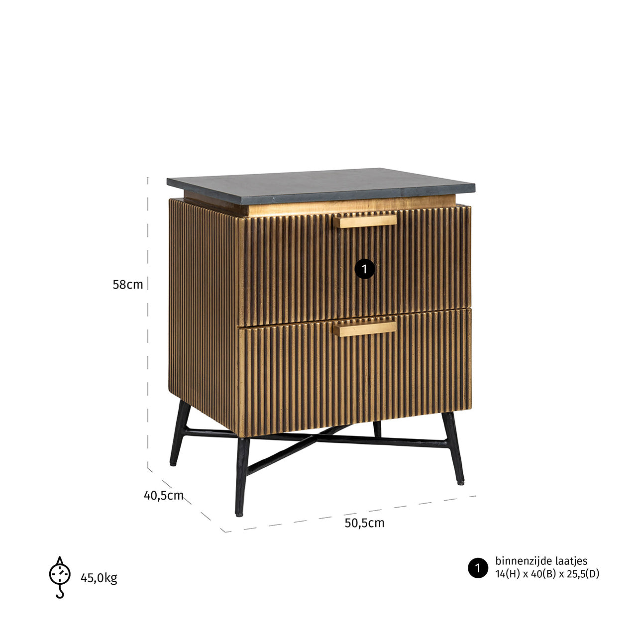 Richmond Interiors Ironville Black Marble & Gold Ribbed Bedside Table