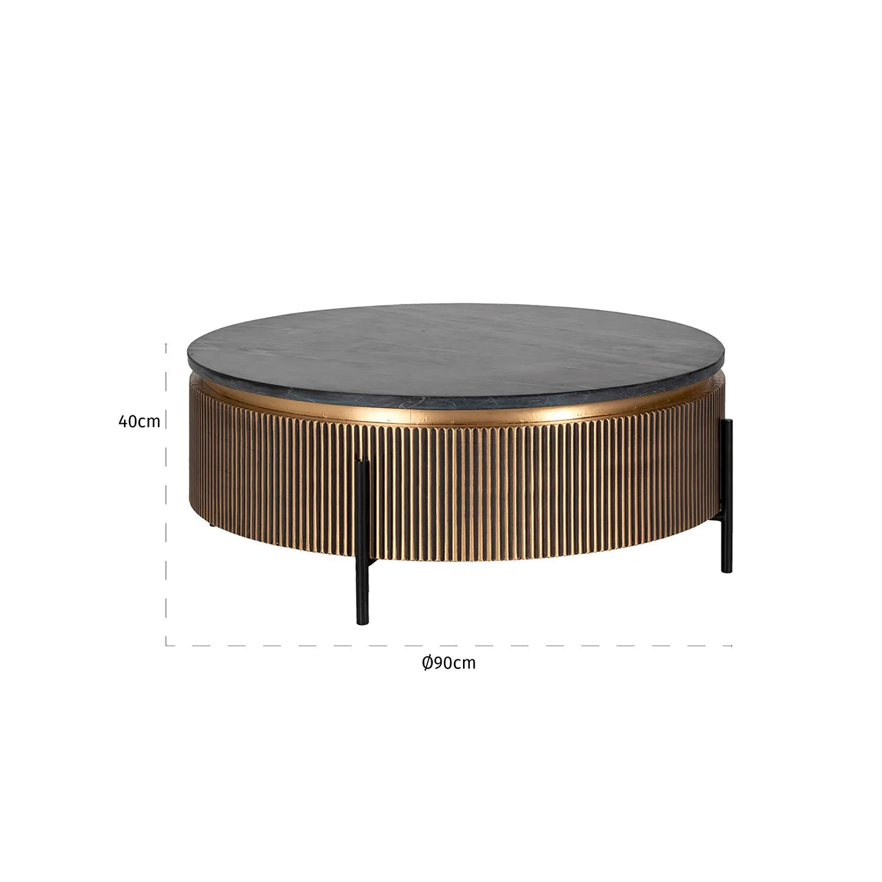 Richmond Interiors Ironville Black Marble & Gold Ribbed Round Coffee Table