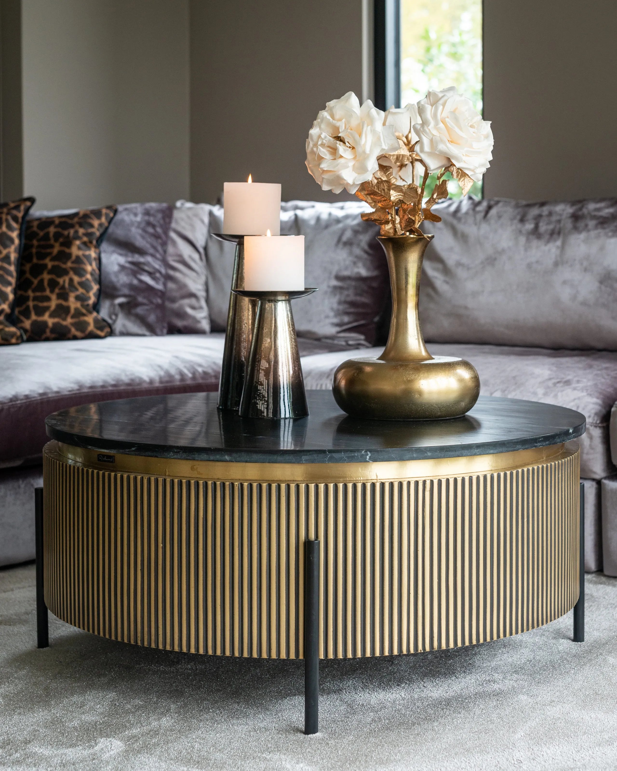 Marble Ribbed Table Richmond Interiors Ironville Black Marble & Gold Ribbed Round Coffee T