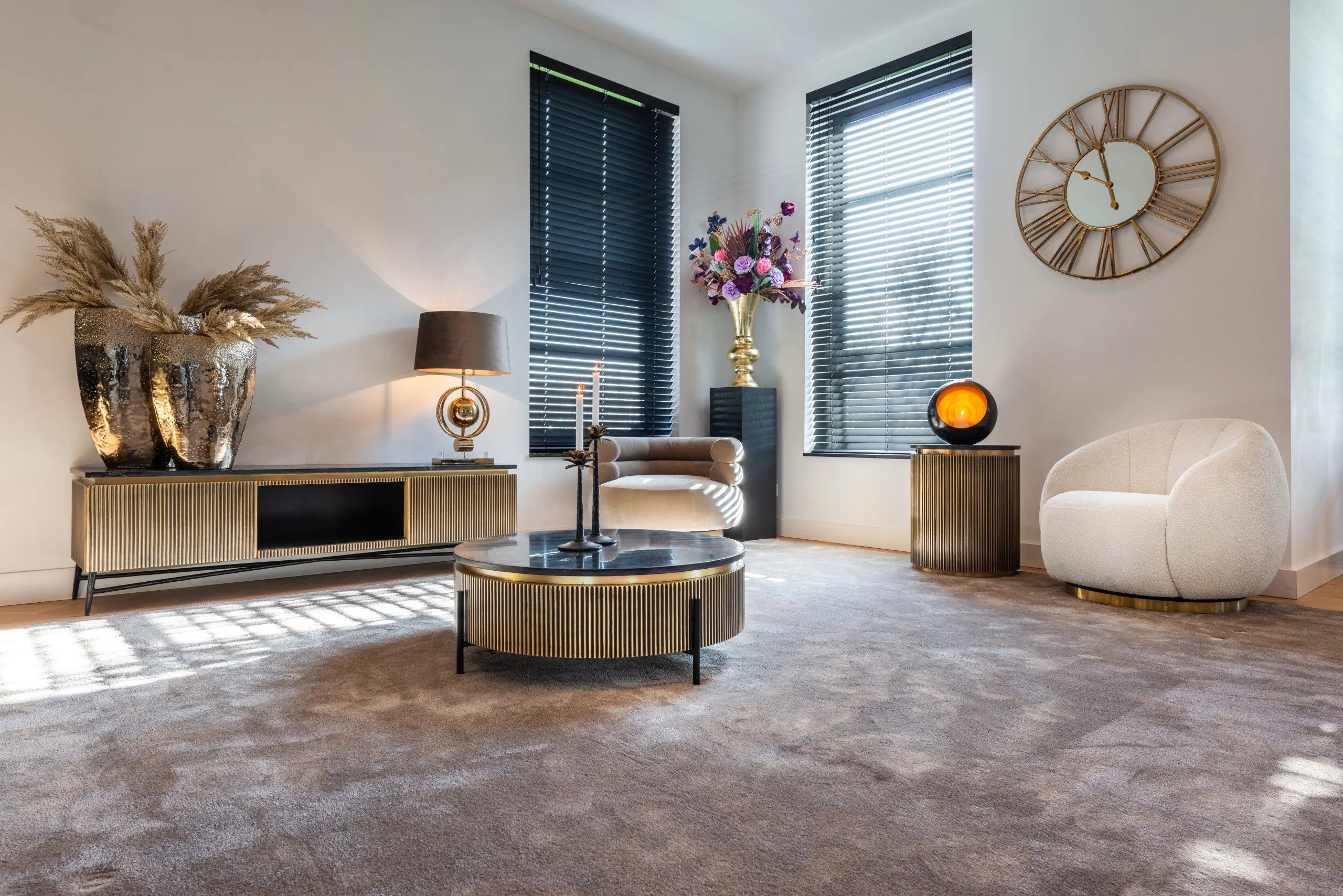 Richmond Interiors Ironville Black Marble & Gold Ribbed Side Table