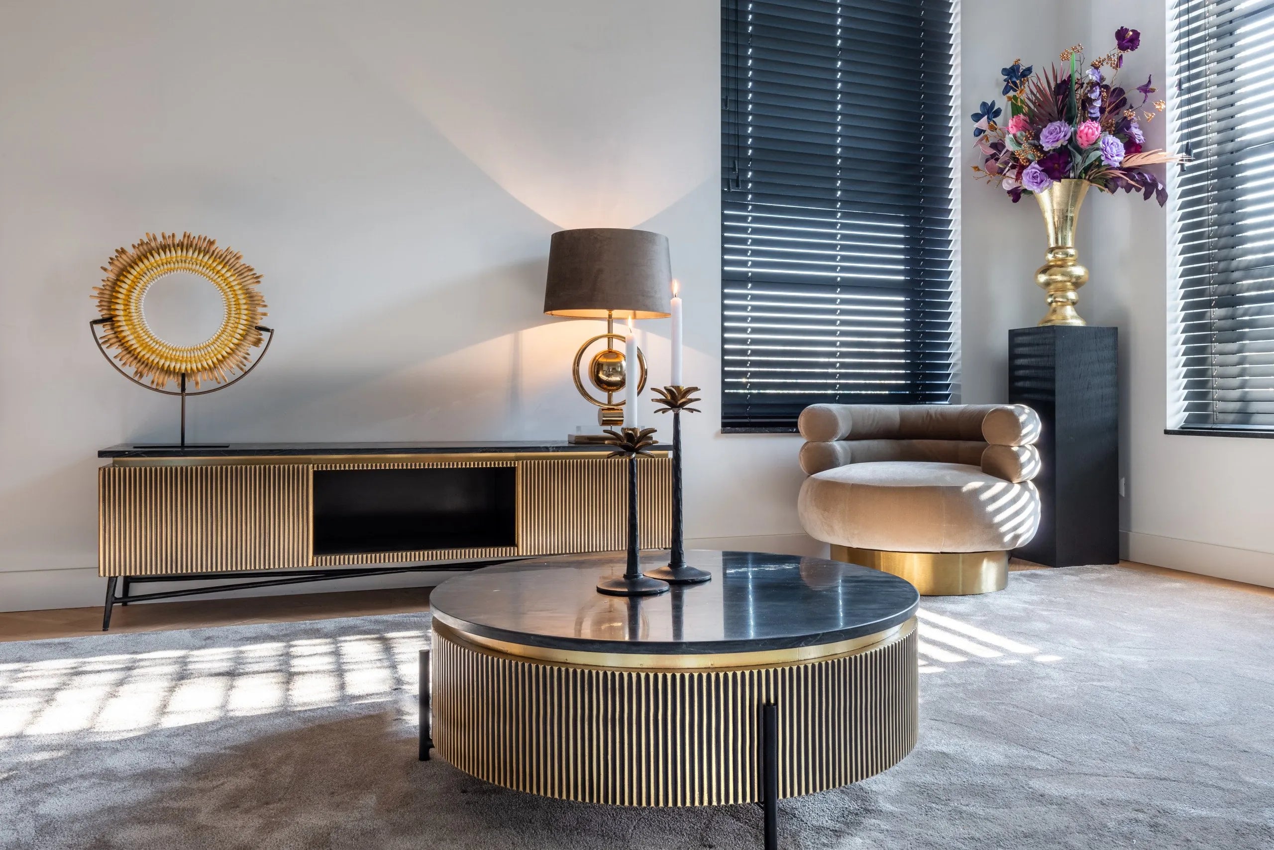 Richmond Interiors Ironville Black Marble & Gold Ribbed Side Table