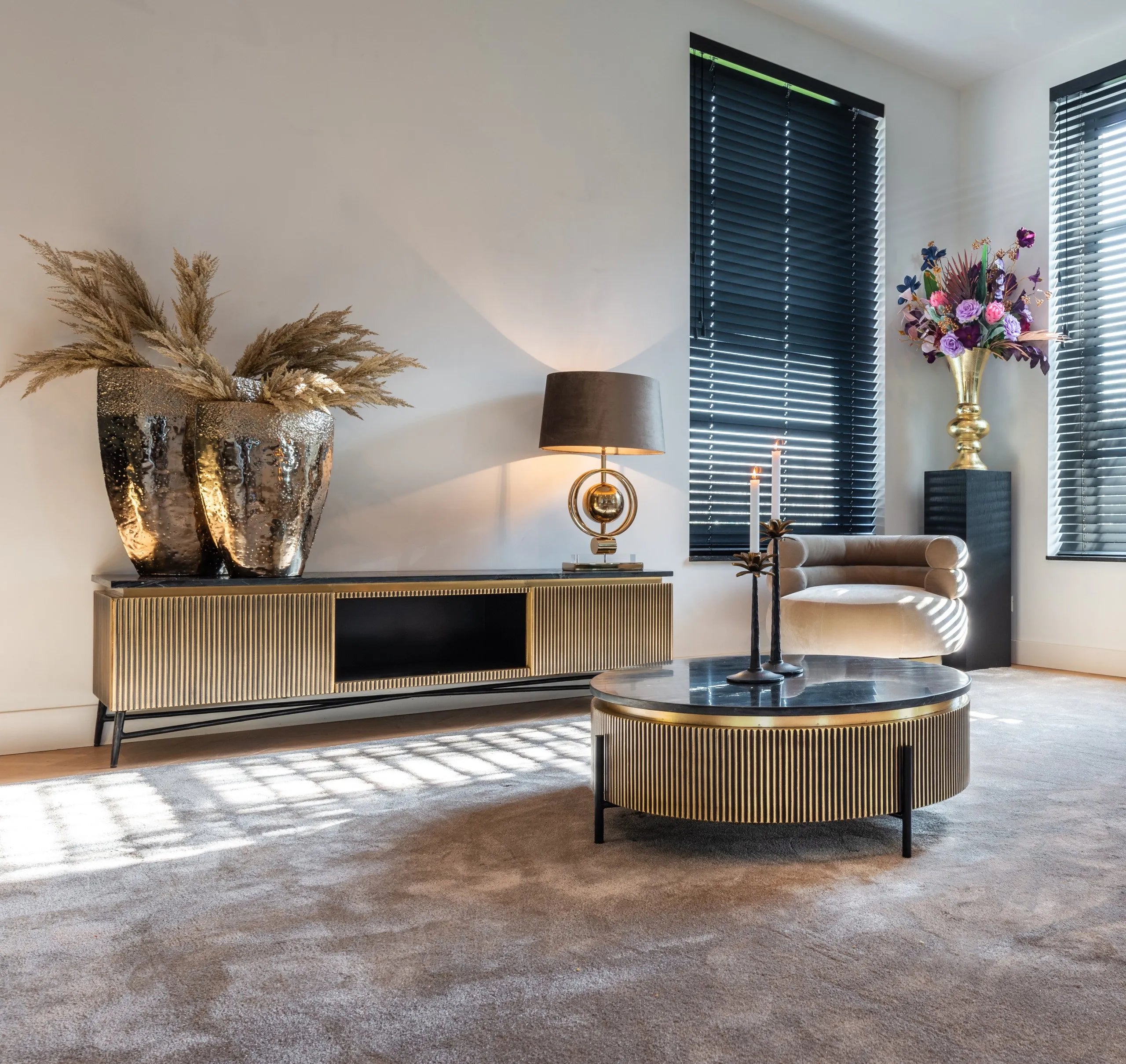 Richmond Interiors Ironville Black Marble & Gold Ribbed Side Table