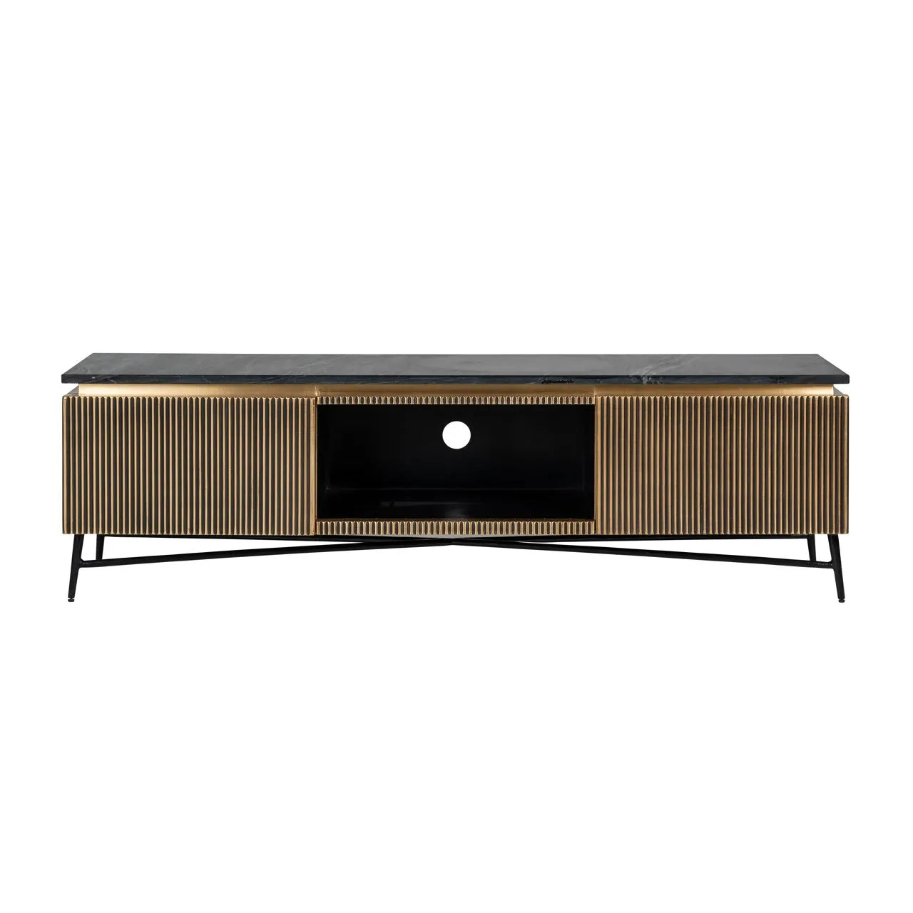 Richmond Interiors Ironville Black Marble & Gold Ribbed TV Unit | 2 Doors