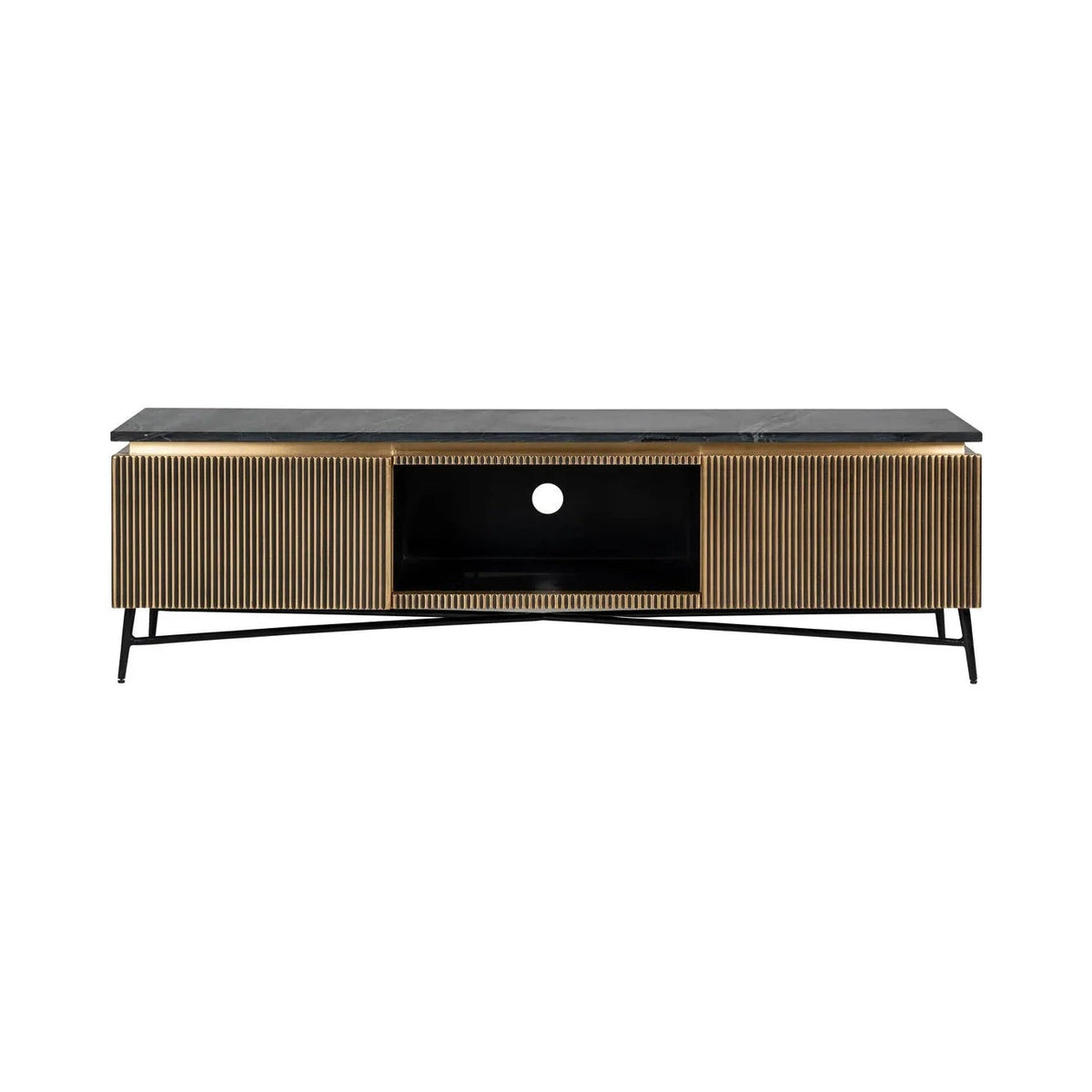 Richmond Interiors Ironville Black Marble & Gold Ribbed TV Unit | 2 Doors