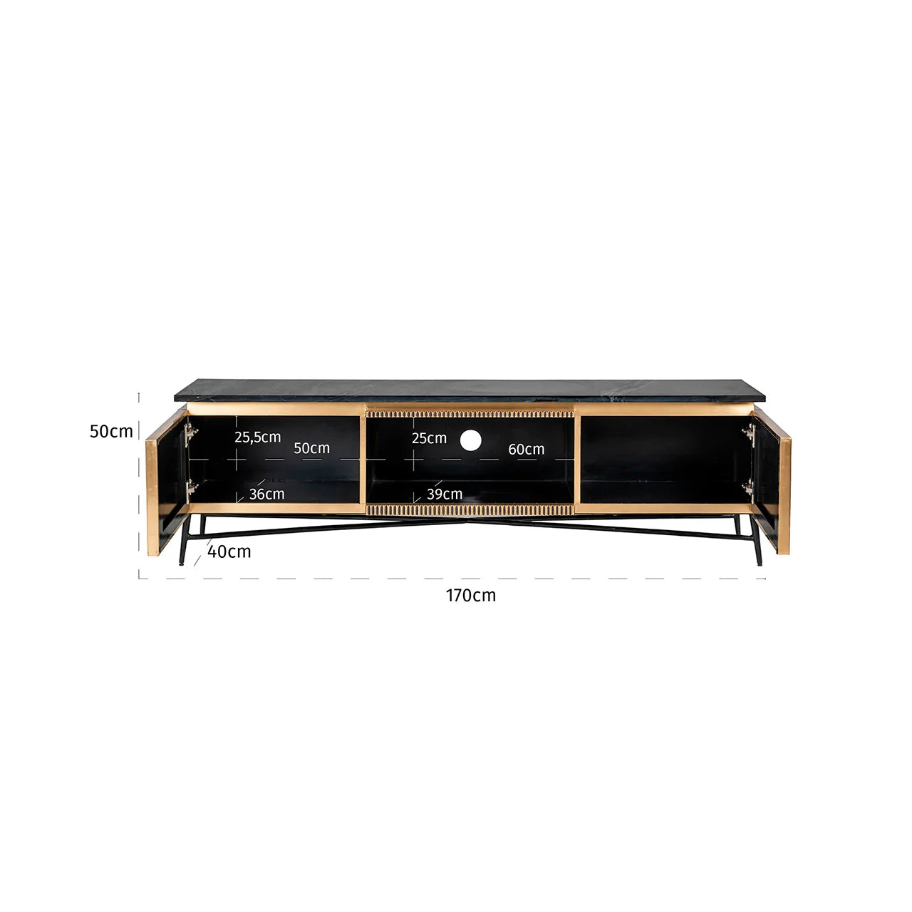 Richmond Interiors Ironville Black Marble & Gold Ribbed TV Unit | 2 Doors