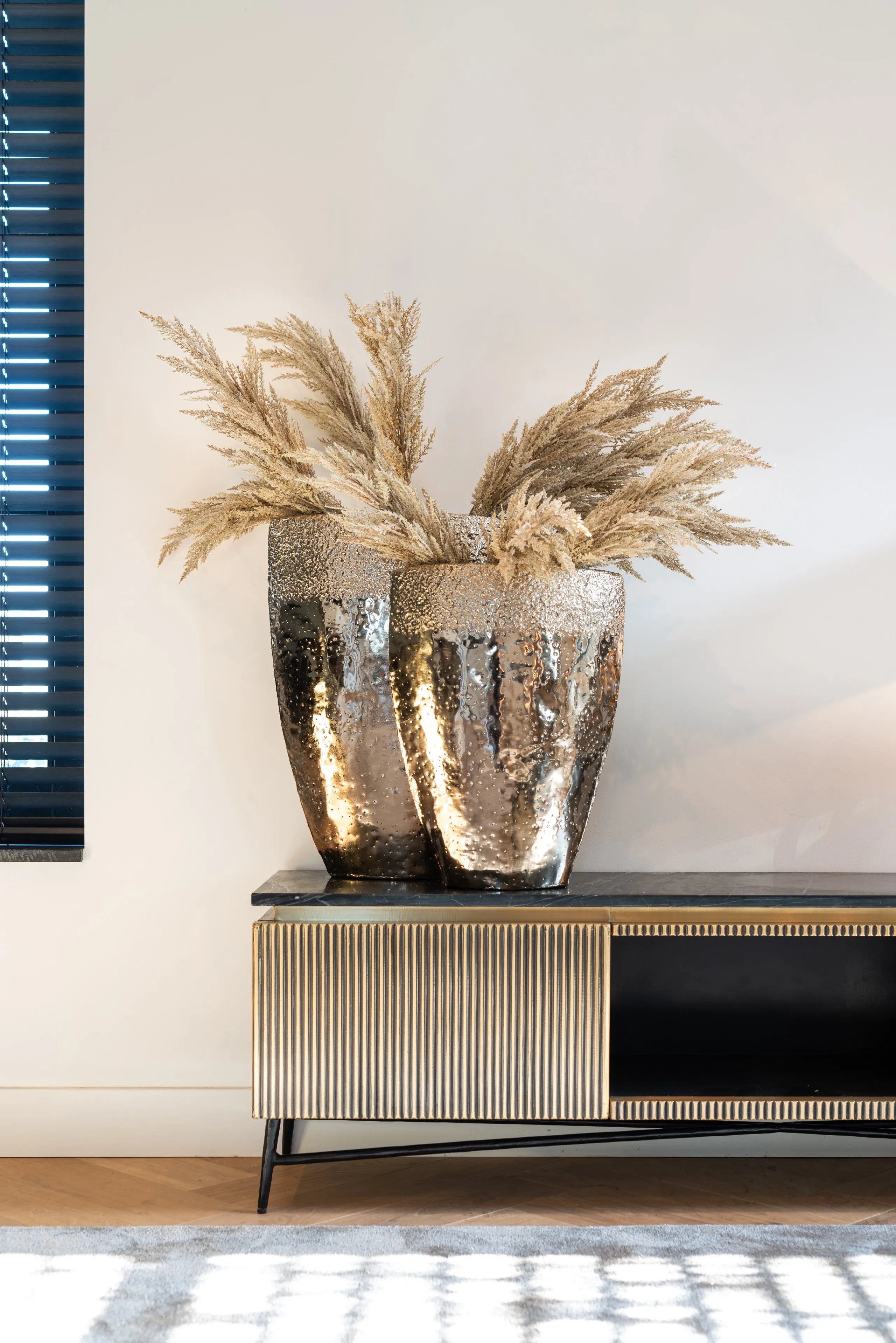 Richmond Interiors Ironville Black Marble & Gold Ribbed TV Unit | 2 Doors