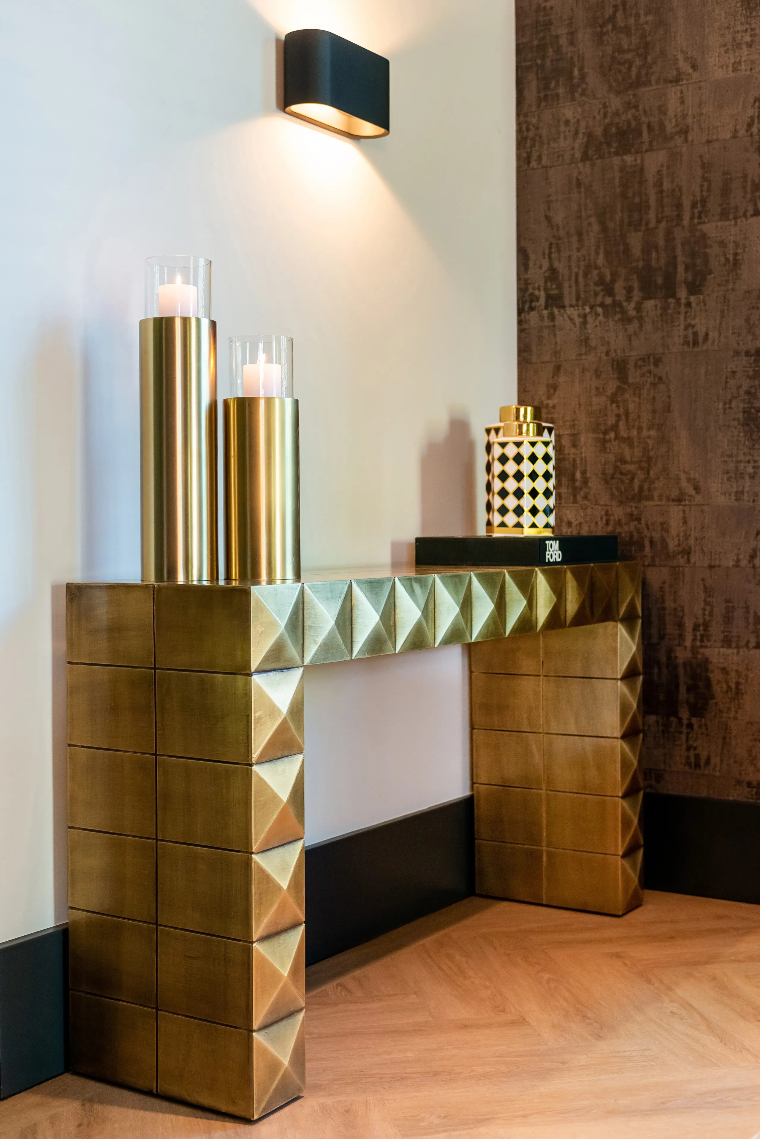 Richmond Interiors Collada Brushed Gold Geometric Pyramid Console Table