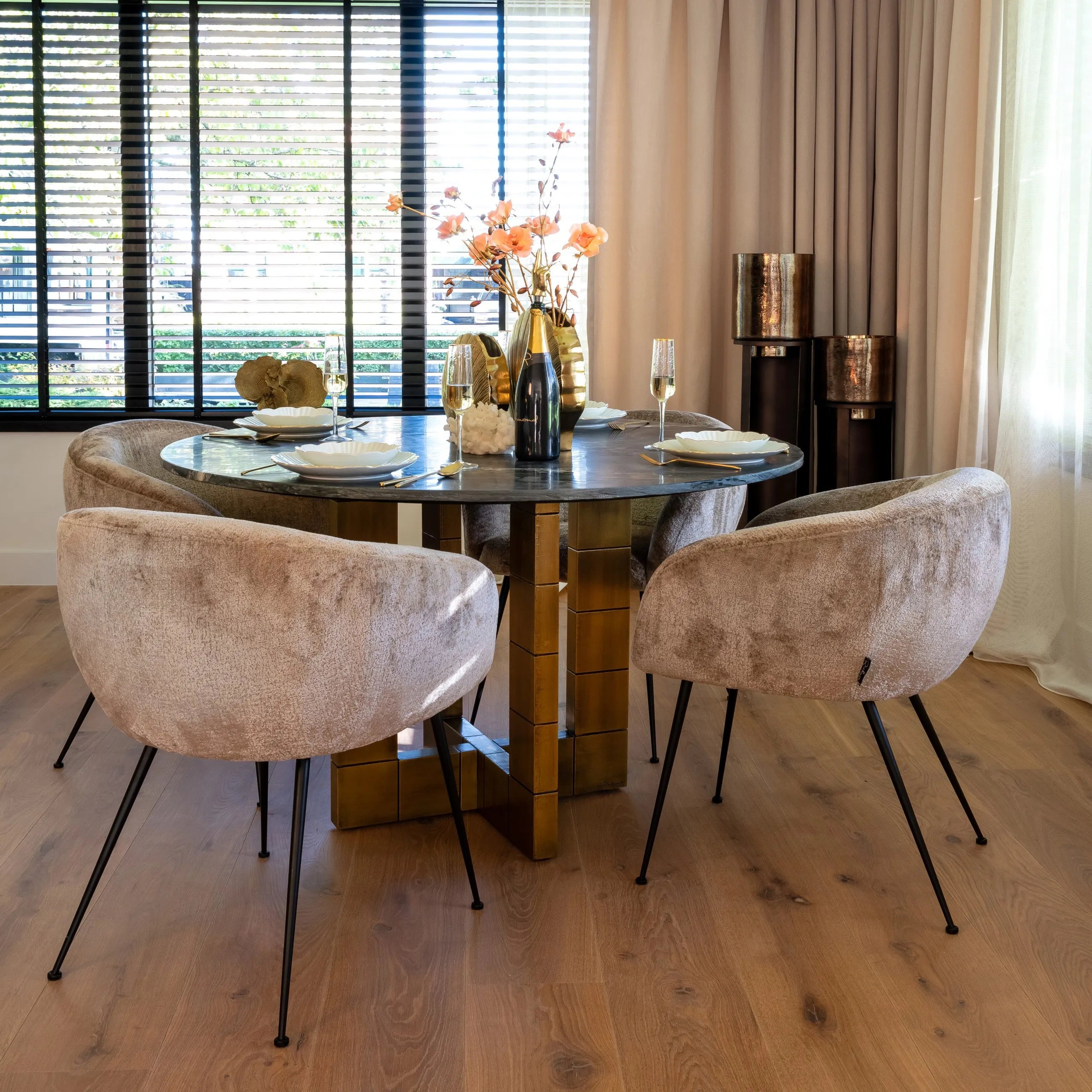 Richmond Interiors Collada Brushed Gold & Black Marble Round Dining Table