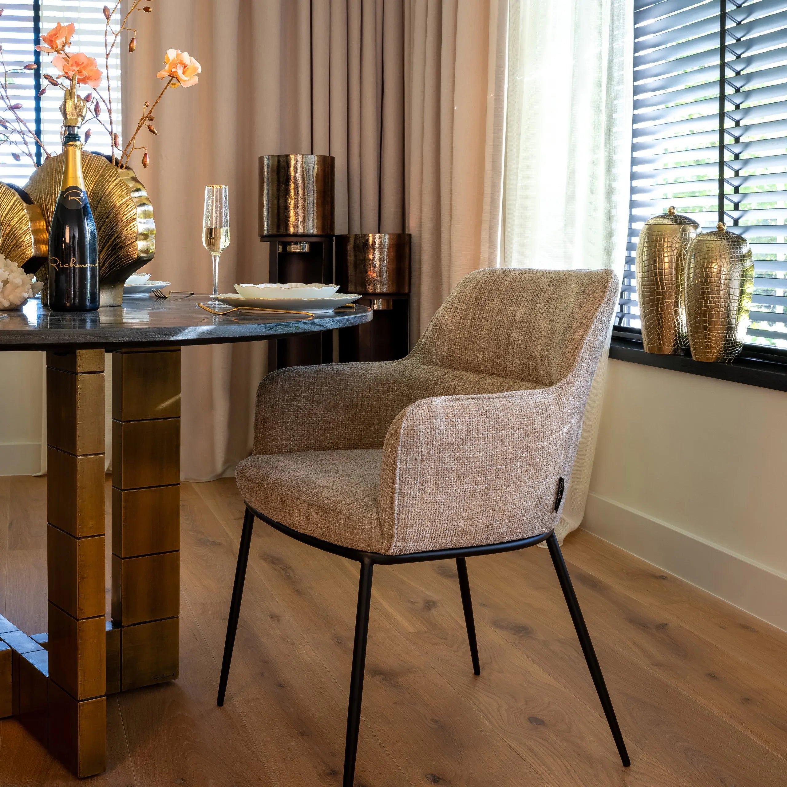 Richmond Interiors Collada Brushed Gold & Black Marble Round Dining Table