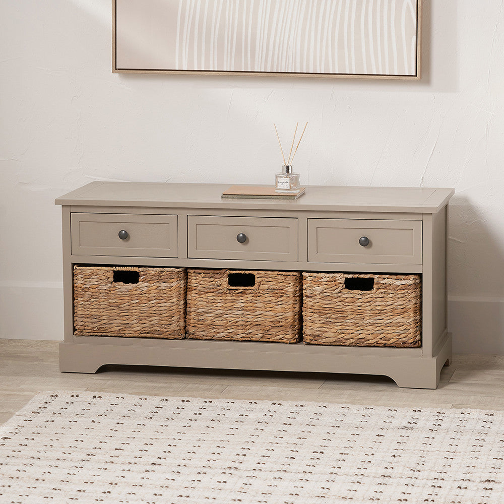 Devonshire Putty Grey Pine Wood Sideboard with 3 Baskets