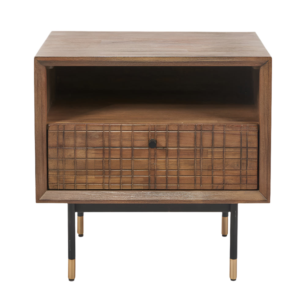 Arte Dark Brown Acacia Wood and Black Metal Bedside Unit