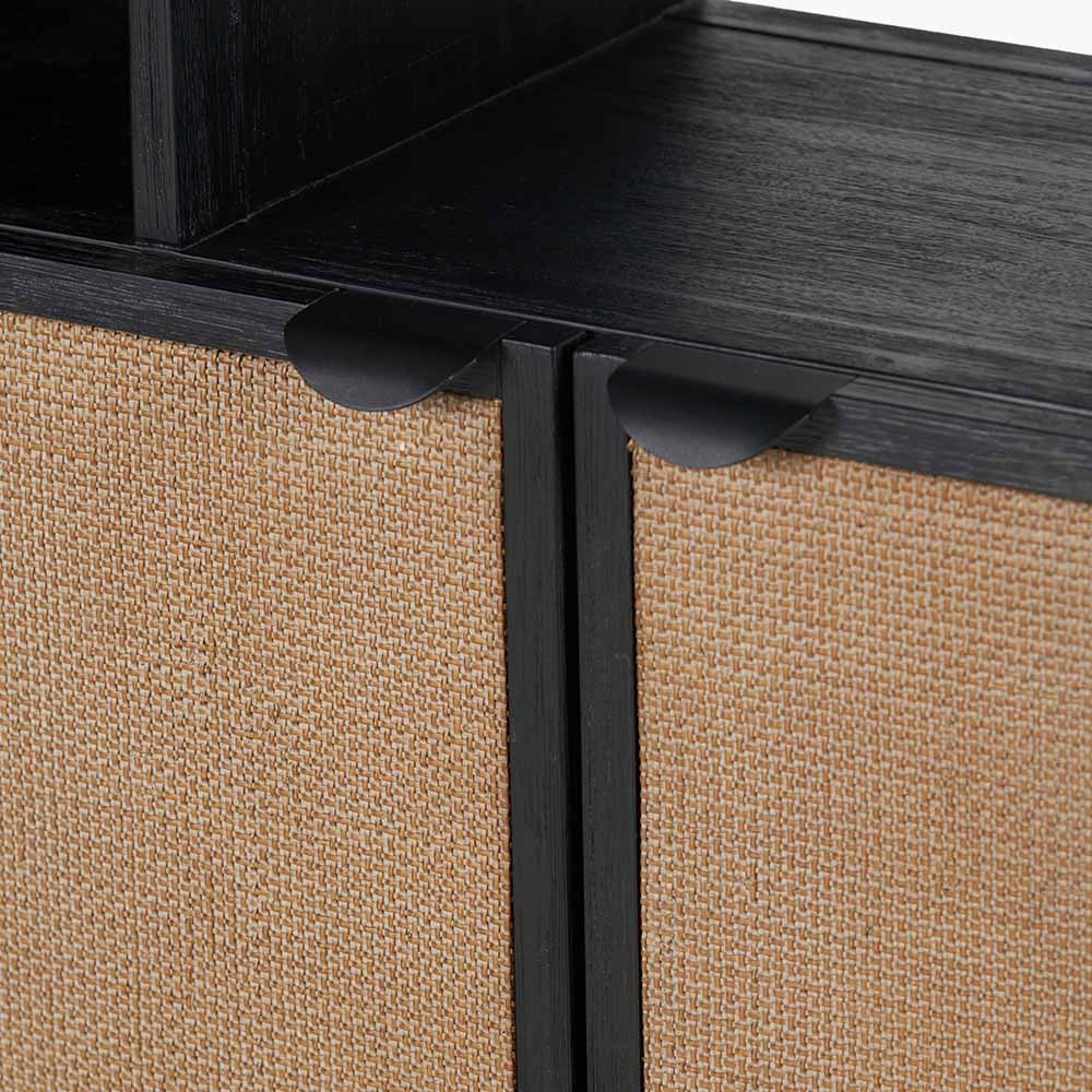 Fiji Black Acacia Wood & Natural Rattan 2 Door 6 Niche Display Unit