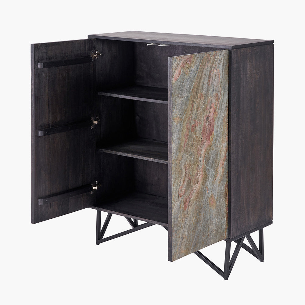 Verde Black Mango Wood & Stone Veneer 2 Door Bar Cabinet