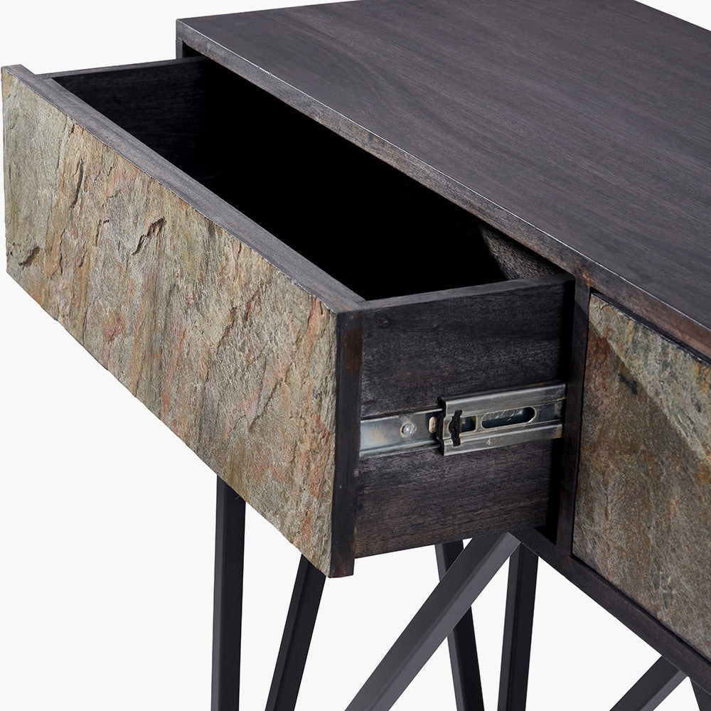 Verde Black Mango Wood & Stone Veneer Console Table | 2 Drawers