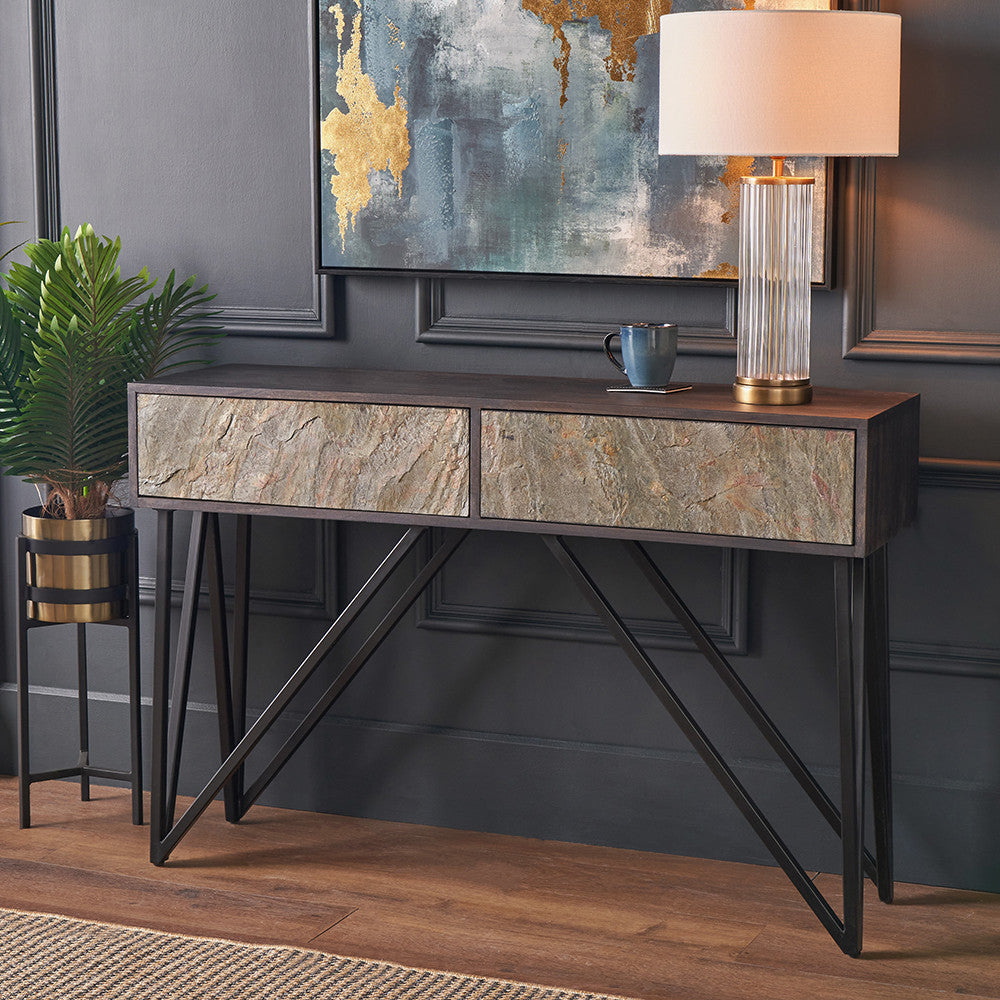 Verde Black Mango Wood & Stone Effect Wood Console Table | 2 Drawers