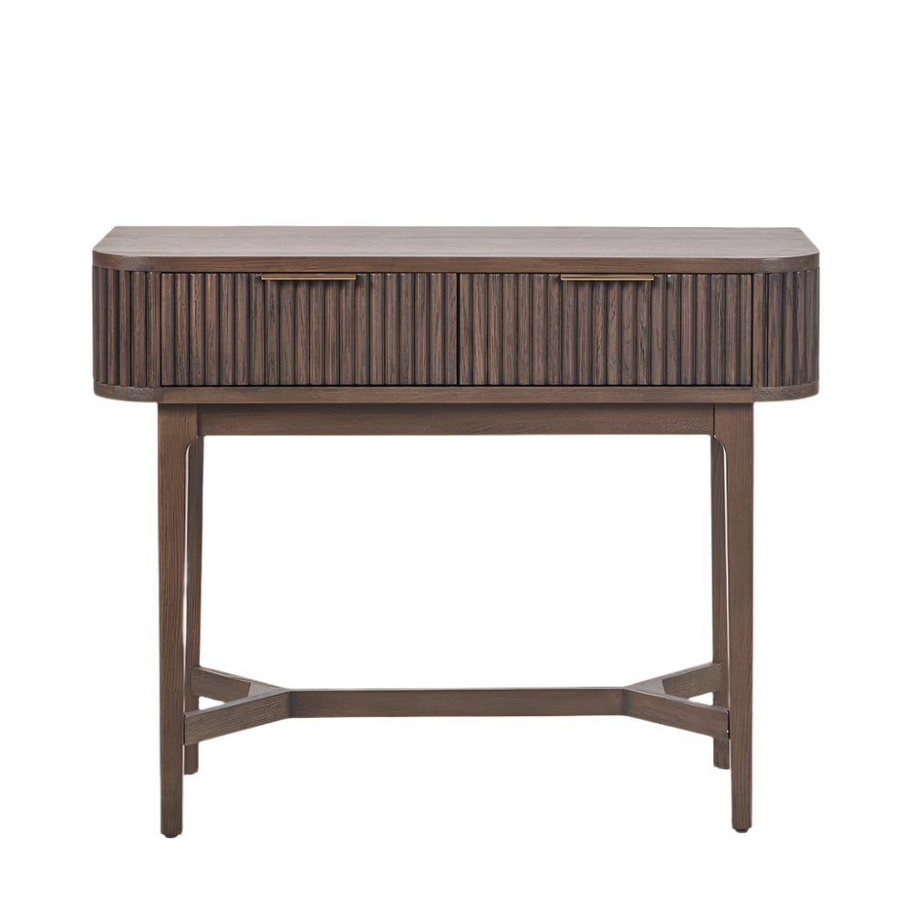 Raie Dark Brown Ribbed Oak & Pine Wood Console Table | 2 Drawers