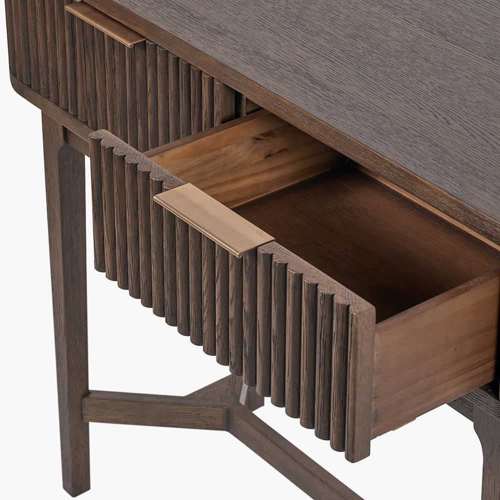 Raie Dark Brown Ribbed Oak & Pine Wood Console Table | 2 Drawers