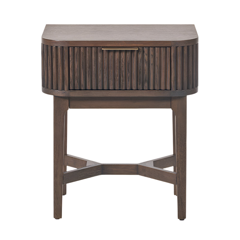 Raie Dark Brown Ribbed Oak & Pine Wood 1 Drawer Bedside Table - CLEARANCE