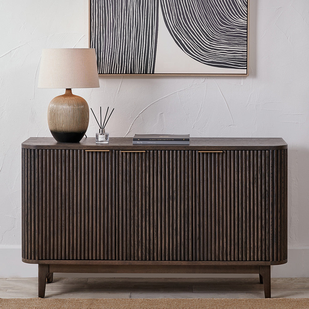 Raie Dark Brown Ribbed Oak & Pine Wood Sideboard
